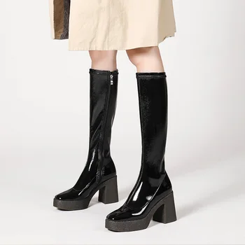 2020 naujo prekės ženklo moterų batai seksualus aikštėje aukštakulniai platformos batai moteris juodos rudos spalvos užtrauktukas kelio ilgi batai batai Elastinga batai