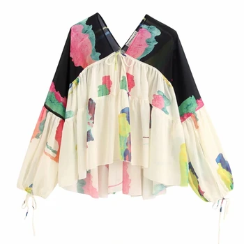 2020 Naują Atvykimo Moterų kratinys spausdinti atsitiktinis kimono palaidinės ponios v kaklo prašmatnus smock marškinėliai šifono femininas blusas viršūnes LS6397