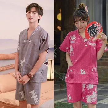 2020 Suaugusiųjų Vasaros Harajuku Japonų Stiliaus Moterų Pižama Nustatyti Vonia, Sauna Dėvėti Gėlių Porų Medvilnės Trumpomis Rankovėmis Vyrams Sleepwear Rinkinys