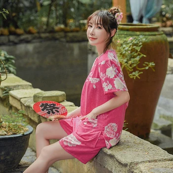 2020 Suaugusiųjų Vasaros Harajuku Japonų Stiliaus Moterų Pižama Nustatyti Vonia, Sauna Dėvėti Gėlių Porų Medvilnės Trumpomis Rankovėmis Vyrams Sleepwear Rinkinys