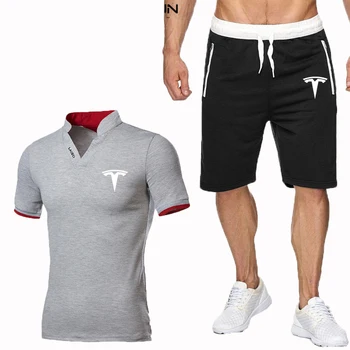 2020 Tesla Logotipu Polo marškinėliai + Medvilnė Šortai Letter Spausdinimo Mados Apvalios Kaklo trumpomis Rankovėmis T-Shirt Rinkinys