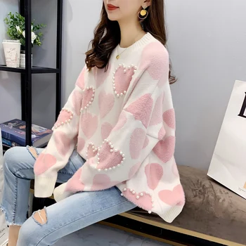 2020 Tingus Stilius Užsienio Stilius Laisvas Megztinis Moterims Korėjos Versija Megztinis Megztinis Mažų Šviežių Pearl Pliušinis Striukė Rudens