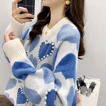 2020 Tingus Stilius Užsienio Stilius Laisvas Megztinis Moterims Korėjos Versija Megztinis Megztinis Mažų Šviežių Pearl Pliušinis Striukė Rudens