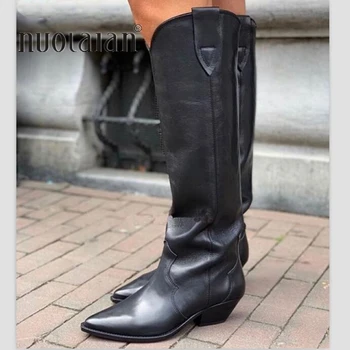 2020 Vakarų batai juodos Odos kelio auliniai batai moterims, pažymėjo tne žiemos ilgi batai moterims stambusis kulniukai kaubojus riteris batai