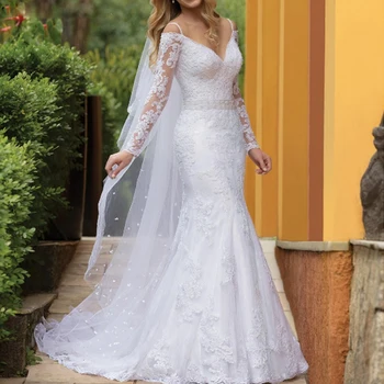 2020 vestido de noiva undinė vestuvių suknelė seksualus v-kaklo, ilgomis rankovėmis duobute diržo nėrinių santuokos suknelė off peties Užsakymą