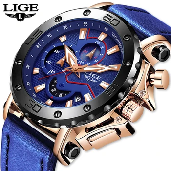2020 Vyrai Laikrodžiai LIGE Top Brand Prabanga, Didelis Ciferblatas Karinės Kvarco Žiūrėti Mėlyna Oda atspari Vandeniui Sporto Chronograph Watch Vyrams