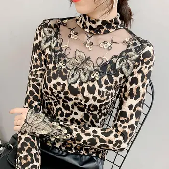2021 m. Pavasarį Palaidinė Moterims, Leopardas spausdinimui Juoktis Kaklo Marškinėliai Absoliutus Kratinys Marškinėliai Lapų Siuvinėjimo Pagrindinio Palaidinė Femme Negabaritinių M-4XL