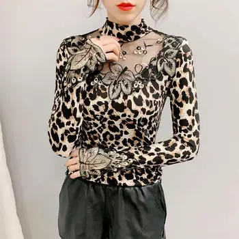 2021 m. Pavasarį Palaidinė Moterims, Leopardas spausdinimui Juoktis Kaklo Marškinėliai Absoliutus Kratinys Marškinėliai Lapų Siuvinėjimo Pagrindinio Palaidinė Femme Negabaritinių M-4XL