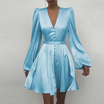 2021 M. Pavasarį Seksualus Gilus V-Kaklas, Panele Šalis Suknelė Elegantiškas Ilgas Žibintų Rankovės Šilko Satino Suknelė Moterims Rudenį Mygtuką-Line Mini Suknelė