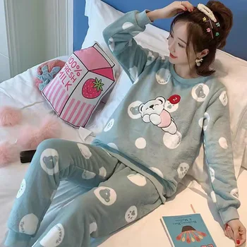 2021 M. Pavasarį, Žiemą Šilta Moteriškos Pižamos Rinkiniai Storio Koralų Aksomo Ilgomis Rankovėmis Animacinių Filmų Sleepwear Plonas Moterų Pižama Nustatyti Mergina