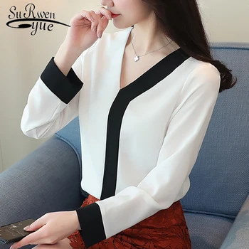 2021 mados šifono office lady marškinėliai moterims palaidinė ilgomis rankovėmis baltoji moteris viršūnės V-kaklo, moteriški drabužiai marškinėliai blusas D826 30