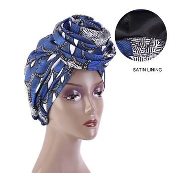2021 Naujas Afrikoje Turbaną skrybėlę Moterų Autogele Headtie Didelis Gėlių Galvos Apsiaustas Medvilnės Skarelė variklio Dangčio su Satino Pamušalas Turbante Mujer