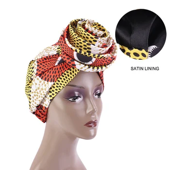 2021 Naujas Afrikoje Turbaną skrybėlę Moterų Autogele Headtie Didelis Gėlių Galvos Apsiaustas Medvilnės Skarelė variklio Dangčio su Satino Pamušalas Turbante Mujer