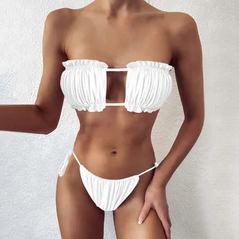 2021 Seksualus Bikini Plisuotos Bandeau maudymosi kostiumėlį Moterų maudymosi Kostiumėliai Moterims, Mini Diržas Bikini Komplektas Bather Plaukimo Paplūdimio Maudymosi Kostiumas