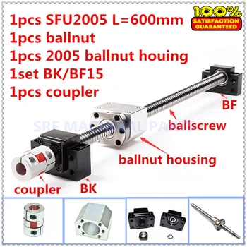 20mm Valcavimo ballscrew SFU2005 kamuolys varžtas L=600mm+1pcs Ballnut +1pcs ballnut korpusas +1set BK/BF15+1pcs 12*kaip 14mm Mova CNC