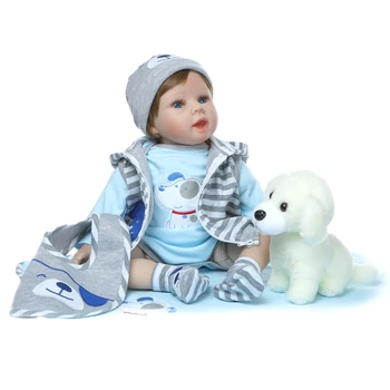 22inch Realaus Gyvenimo, viso Kūno Silikono Reborn Baby Boy Lėlė su Drabužių Komplektas, Antklodė, Pliušinis Šuo Lėlių, Žaislų Miega Žaislai Vaikams