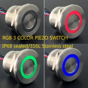 22MM RGB trijų spalvų pjezo jungiklis, aukštos vandeniui lygis IP68,316L nerūdijančio plieno padas (22mm,PS223P10YSS1RGB24T,Rohs,CE)
