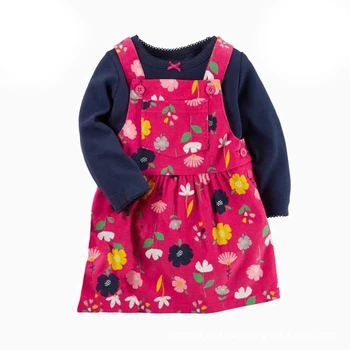 2vnt/komplektas Baby Girl Dress Nustatyti ilgomis Rankovėmis Gėlių T-Shirt Mielas Kišenėje Dirželis Suknelė Mergaitėms Petnešos Suknelės, Apranga Viko Aksomo