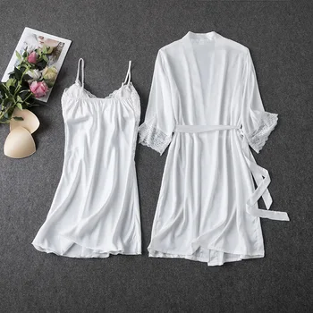2VNT Pižama Set White Moterų V-Kaklo Sleepwear M-XL Nėrinių Kimono Seksualus naktiniai Marškiniai Gėlių Chalatas, naktiniai drabužiai Suknelė Miego Kostiumas Pižamą