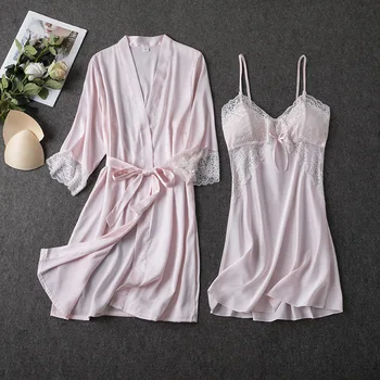 2VNT Pižama Set White Moterų V-Kaklo Sleepwear M-XL Nėrinių Kimono Seksualus naktiniai Marškiniai Gėlių Chalatas, naktiniai drabužiai Suknelė Miego Kostiumas Pižamą