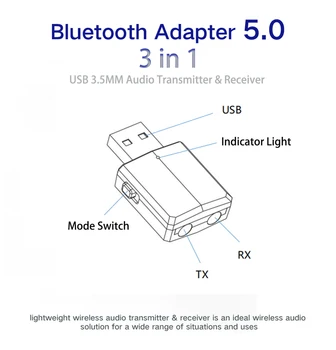 3,5 mm USB Bluetooth Adapteris Su Jungikliu Mygtuką 5.0 Stereo Garso Muzikos Belaidžio 