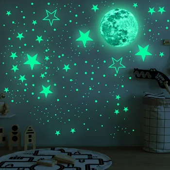 30cm Mėnulis 435pcs Žvaigždžių Taškų Žalios Šviesos Siena Lipdukas Vaikų Kambario Lubos, Laiptai, Tapetai, Liuminescencinės Sienų Lipdukai