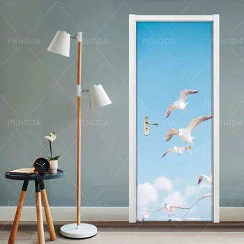 3D Drobės Namų Dekoro Durų Lipdukai Paukštį, Jūrą, Dangų, Lipni PVC Plakato spauda paveiksl Vandeniui ekrano Užsklanda Kambarį