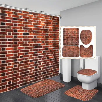 3D Plytų Sienos, Dušo Užuolaidos Kilimėlis Vonios kambarys Nustatyti Retro Foto Kraštovaizdžio Modelis Vandeniui Dušo Užuolaidos Tualeto Dangčio Mat Ne Slydimo