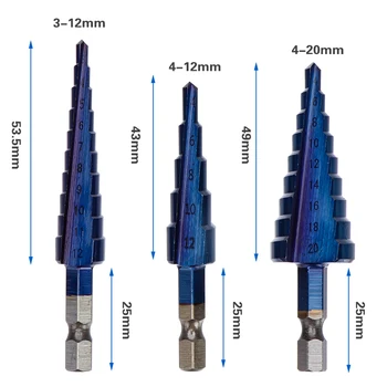 3pcs HSS Žingsnis Grąžtai 3-12mm 4-12mm 4-20mm Nano Mėlyna Padengtas Gręžimo karūnų Rinkinys Metalo Gręžimo Medienos apdirbimo Elektros Įrankiuose