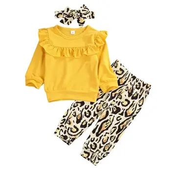 3PCS Naujagimių Bamblys Baby Girl Drabužius ilgomis Rankovėmis Kietas Mezgimo marškinėliai Viršuje Leopard Ilgas Kelnes Kelnės Lankelis Apranga Rinkinys