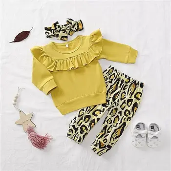 3PCS Naujagimių Bamblys Baby Girl Drabužius ilgomis Rankovėmis Kietas Mezgimo marškinėliai Viršuje Leopard Ilgas Kelnes Kelnės Lankelis Apranga Rinkinys