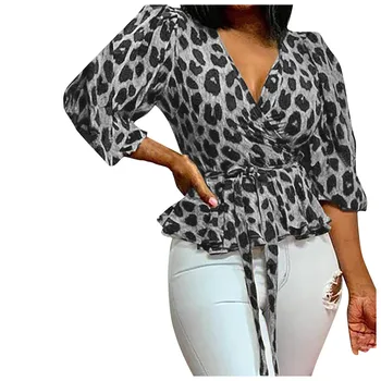 40# Moterims Leopardas Spausdinti Palaidinės, Marškinėliai Didelio Dydžio Asmenybės V-kaklo, ilgomis Rankovėmis Prarasti Viršūnes Moterų Audinio Palaidinės Roupas