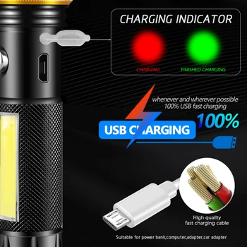 4200LM LED Žibintuvėlis atsparus Vandeniui COB Lempa USB Įkraunama Šviesos Super Ryškus 5 Režimai, Maitinamas 18650 Baterija, Kempingas