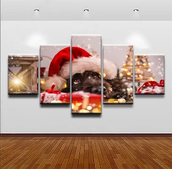 5 vnt Šuo Su Kalėdų Skrybėlę Nuotrauką Drobė Spausdina Tapybos Pagrindų Miegamojo Puošimas Abstrakčiai Gyvūnų Mielas Plakatas Sienos Menas