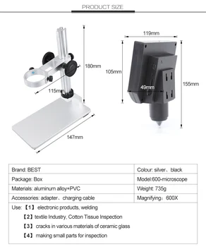 600X 3.6 MP Skaitmeninis Mikroskopas su LED Didinamojo stiklo, mikroskopu Mobiliojo Telefono Mikroskopas Su Aliuminio Lydinio Stentas 4.3 Colių HD OLED