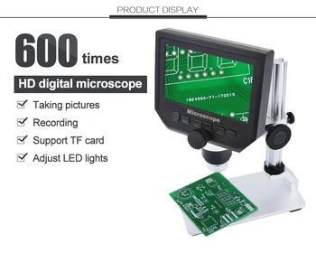 600X 3.6 MP Skaitmeninis Mikroskopas su LED Didinamojo stiklo, mikroskopu Mobiliojo Telefono Mikroskopas Su Aliuminio Lydinio Stentas 4.3 Colių HD OLED