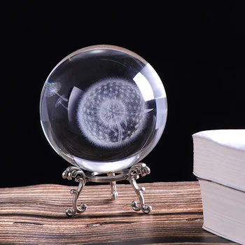 60mm/80mm Kristalų Miniatiūriniai Kiaulpienių Ball 3D Lazeriu Graviruotas Stiklo Amatų Srityje Namų Puošybai Ornamentu Gimtadienio Dovana Feng Shui