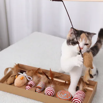 7 Vnt/dėžutėje Naminių Kačių Interaktyvių Žaislų Rinkinys Kačių Kitties Žaislų Kolekcija Bell Plunksnų Funny Cat Lazdos Su Dovanų Dėžutė