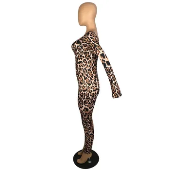 Adogirl Leopardas Spausdinti Vienos Kojos Seksuali Moteris Jumpsuits Velniop Kaklo Išjungti Peties Ilgio Rankovėmis Varpo Liesas Romper Mados Bodysuits