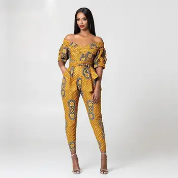 Afrikos naujas stilius rudens drabužių naujas skaitmeninis spausdinimas moterų sexy vienas-line apykaklės stebėjimo rankovėmis jumpsuit