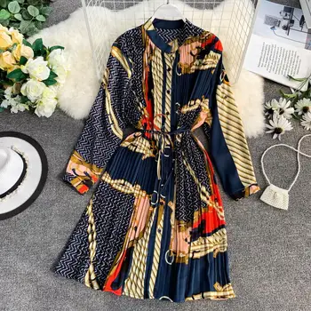 ALPHALMODA 2019 m. Rudenį Moterys Spausdinti ilgomis rankovėmis Šifono Suknelė Vintage Modelis, Viena Breasted Varčias Ponios Marškinėliai Suknelė