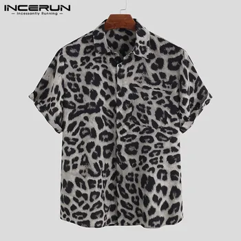Atsitiktinis Leopardas Spausdinti Vyrų Marškinėliai trumpomis Rankovėmis Šalies 2021 Camisa Atvartas Vasaros Mados Mens Havajų Marškinėliai Streetwear INCERUN 5XL