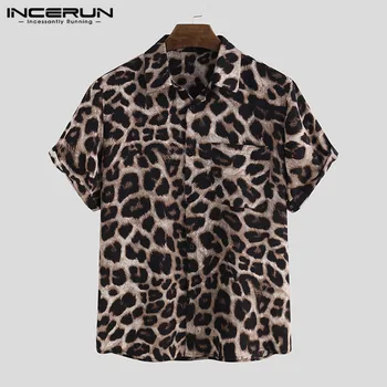 Atsitiktinis Leopardas Spausdinti Vyrų Marškinėliai trumpomis Rankovėmis Šalies 2021 Camisa Atvartas Vasaros Mados Mens Havajų Marškinėliai Streetwear INCERUN 5XL