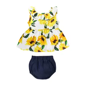 Atsitiktinis Vasaros Baby Girl Gėlių Berankoviai marškinėliai + Kietosios Spalvos Kelnės Šortai PP