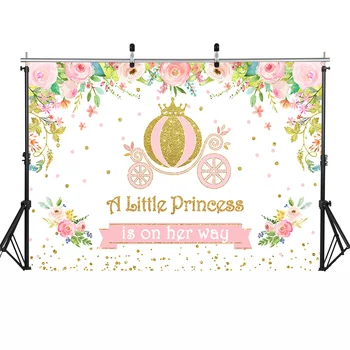 Aukso Vežimo Mažoji Princesė Baby Shower Fotografijos Fonas Naujagimių Princesė Mergina 1st Birthday Party Fone Gėlės Taškų