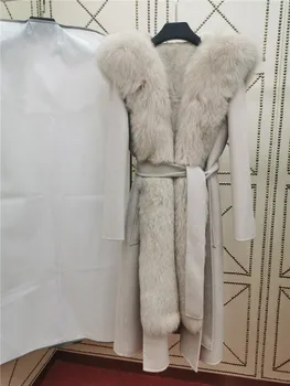 Aukštos kokybės kašmyro vilnos paltai moterims Ilgas paltas moteriška Natūralios nekilnojamojo lapės kailio apykaklė Nuimamas triušio kailio įdėklas žiemos striukė