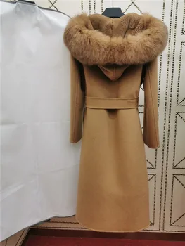 Aukštos kokybės kašmyro vilnos paltai moterims Ilgas paltas moteriška Natūralios nekilnojamojo lapės kailio apykaklė Nuimamas triušio kailio įdėklas žiemos striukė