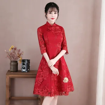 Aukštos Padalinta Kinų Stiliaus Moteris Cheongsam Mandarinų Apykaklės Sexy Lady Qipao Didelis Dydis 3XL Vestidso Siuvinėjimo Gėlių Suknelė S-521-9