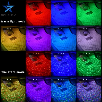 Automobilinis USB grindų LED spalvinga interjero aplinkos žiburiai Automobilio grindų belaidžio nuotolinio valdymo atmosfera lempos universalus Star naktį šviesos