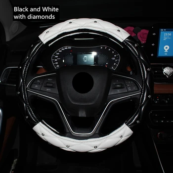 Automobilio vairas padengti oda juoda ir balta, mėlyna, violetinė raudona moterų bling diamond automobilio interjero aksesuarų 38cm 15 colių